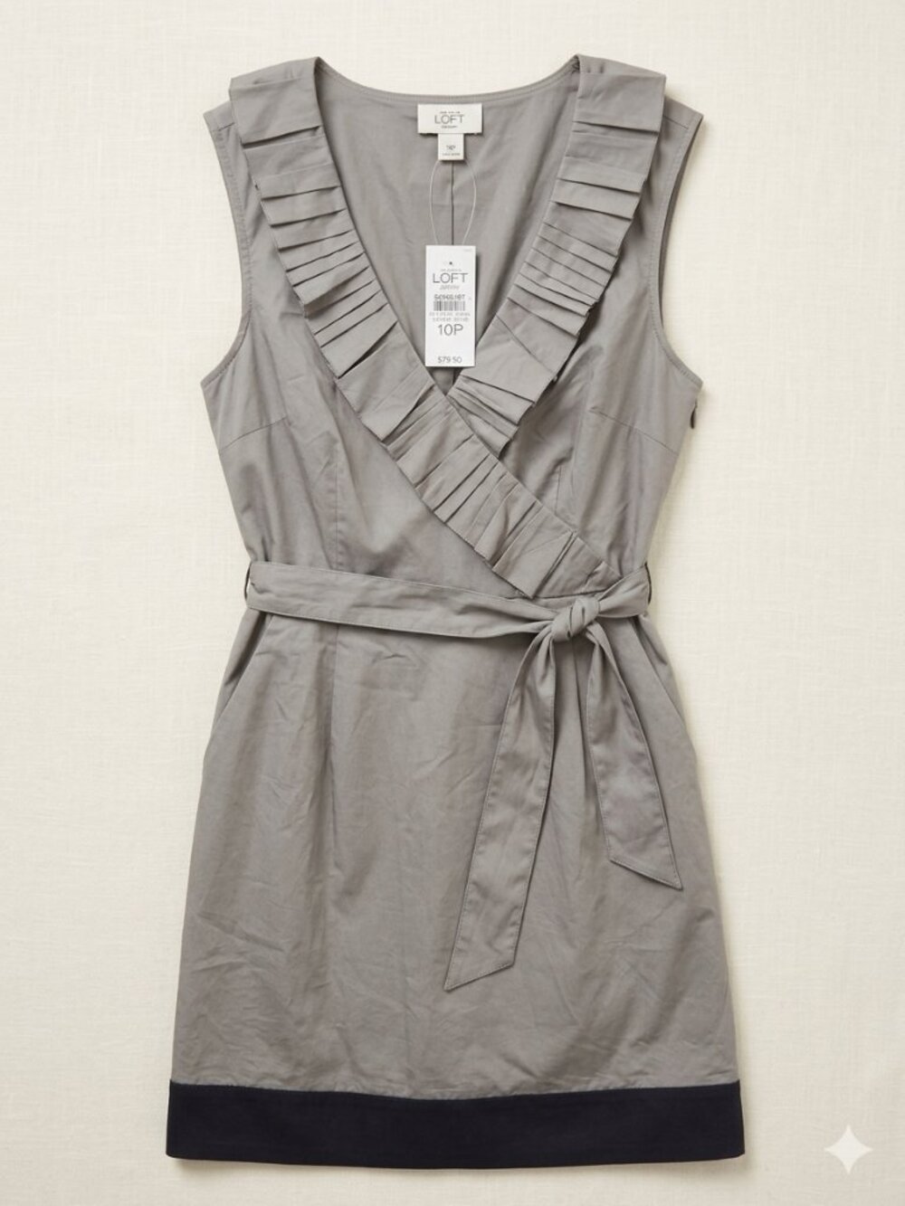 NWT Ann Taylor LOFT Petite Dress 10P Silver Grey Ruffle Business Casual Preppy